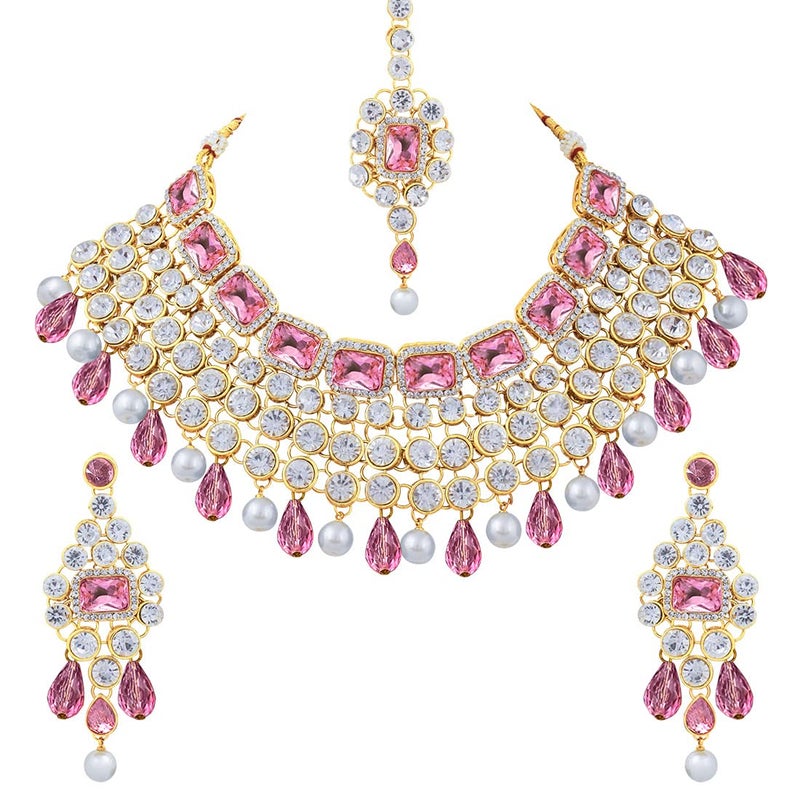Aheli Kundan and Simulated Colored Stones Maang Tikka Necklace and Earrings Set Indian Festive Fashion Bharatanatyam jewellery set Gift for Women - Image 1